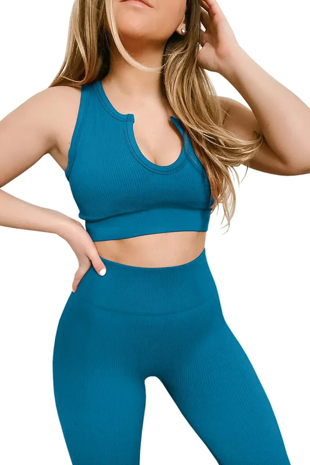 Professional title: "Women's High Waisted Leggings and Sports Bra Gym Set in Light Blue - Yoga Workout Outfit"