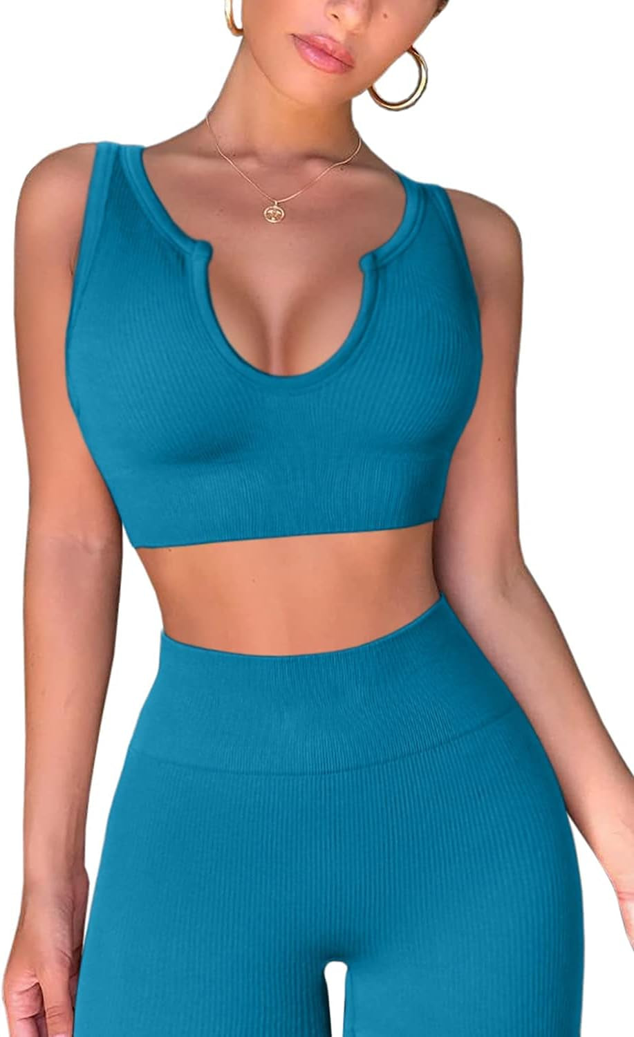 Professional title: "Women's High Waisted Leggings and Sports Bra Gym Set in Light Blue - Yoga Workout Outfit"